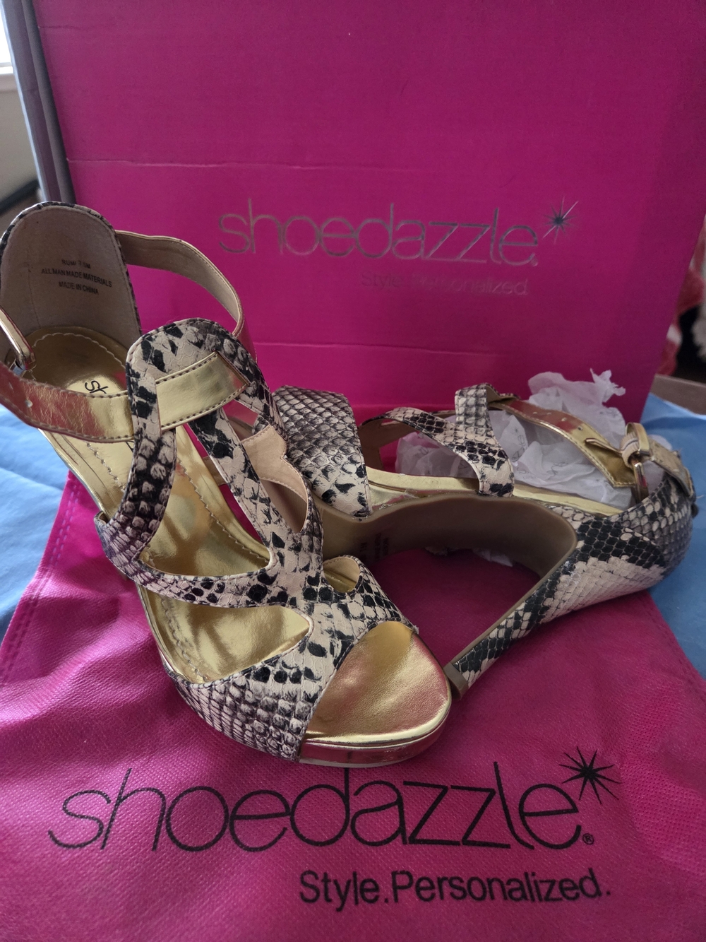 Snake-Print Heels with Gold Accents